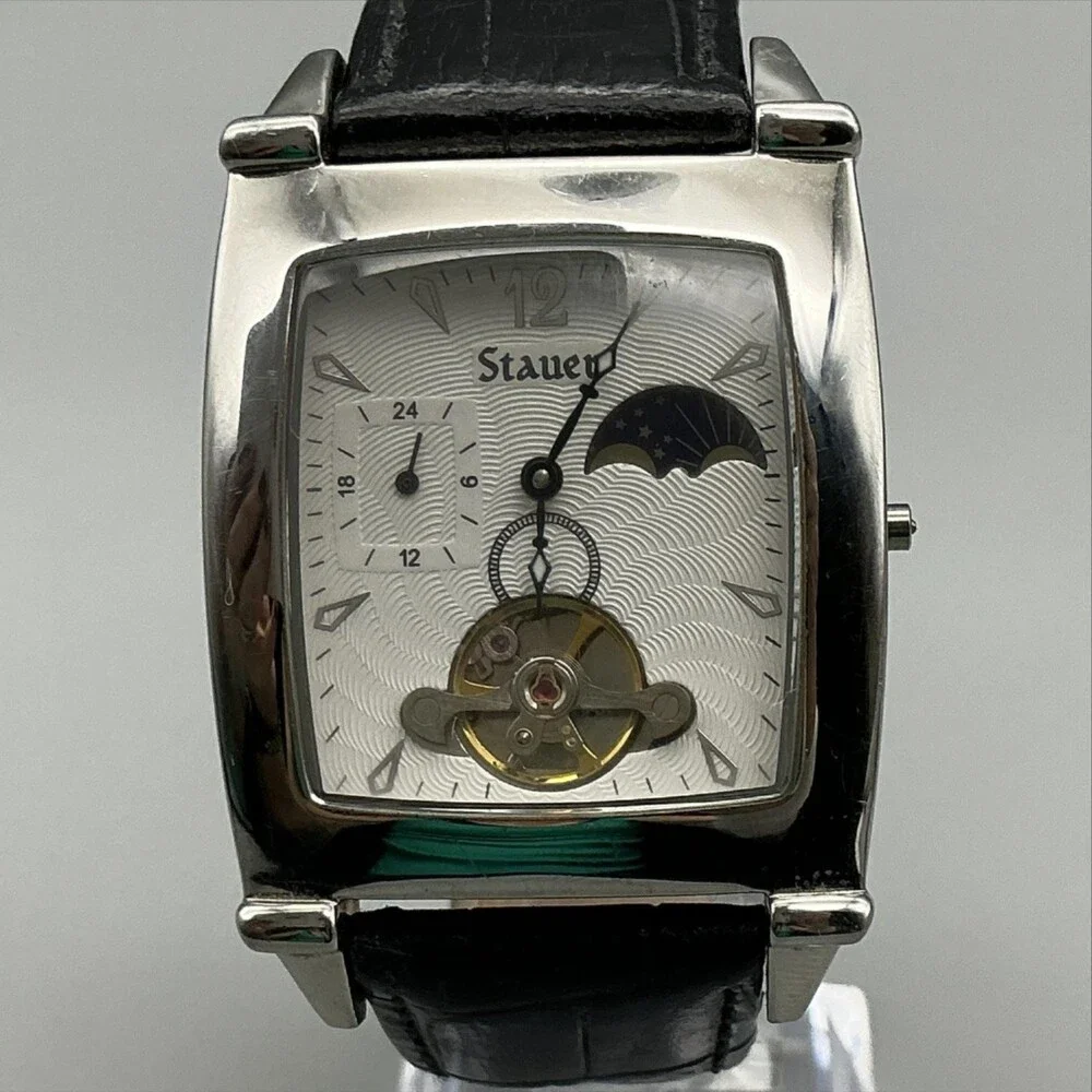Stauer Mens Watch 35mm White Dial Black Leather Automatic Moon Phase For Parts